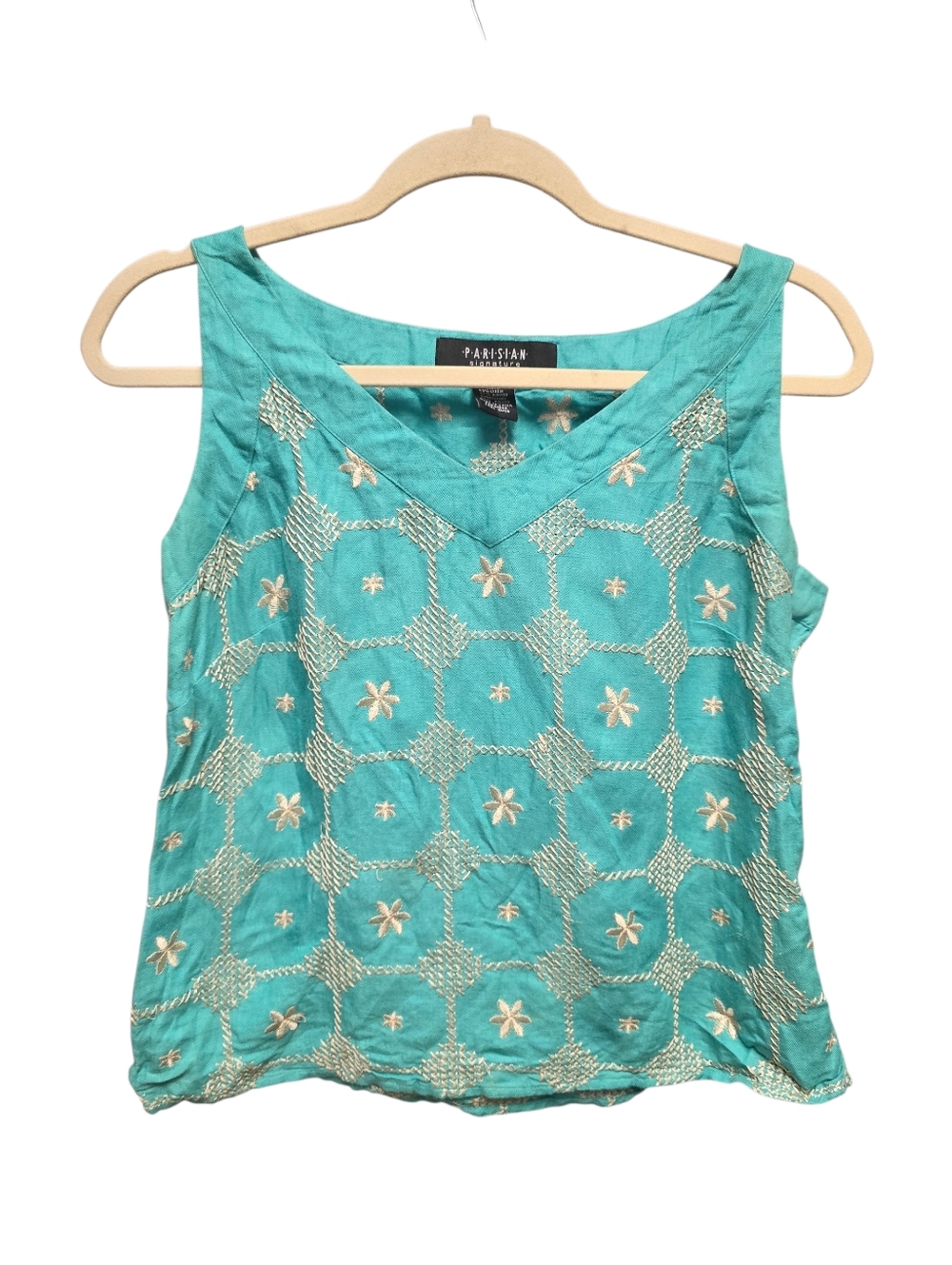 Parisian Works Turquoise Sleeveless Linen Blend V-Neck Embroidered Camisole Sz.8